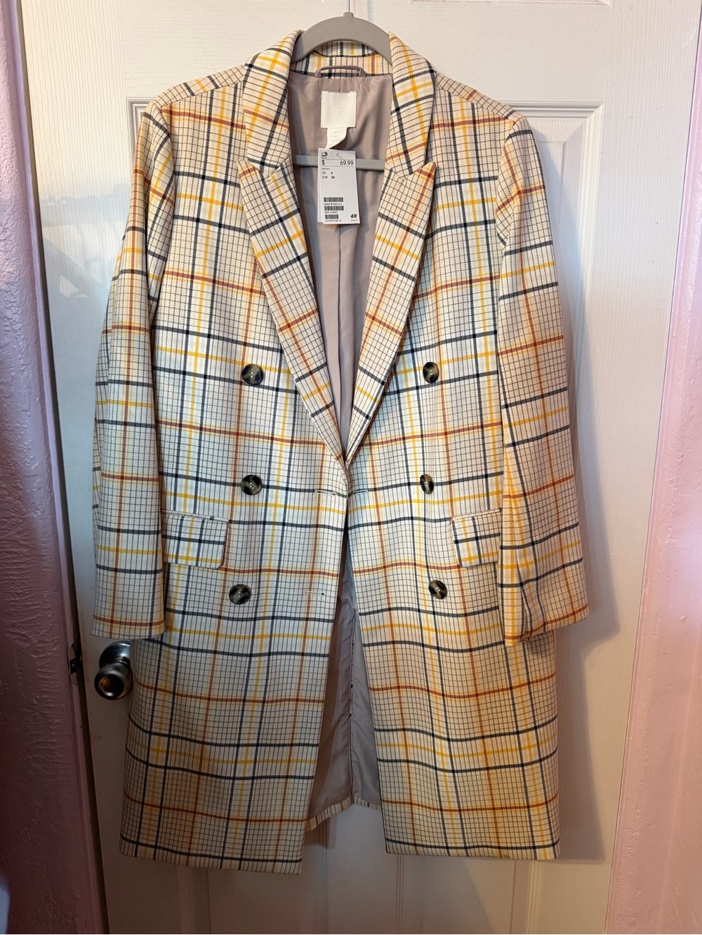 H&M Plaid Double-Breasted Trench Coat in Yellow and Navy